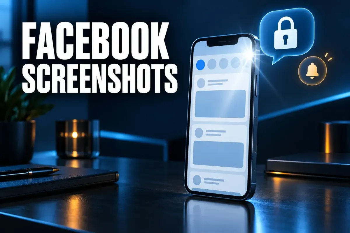 Facebook screenshots cover with an upright phone on a dark desk showing a social feed under a camera flash, with a padlock speech bubble and a bell badge beside it