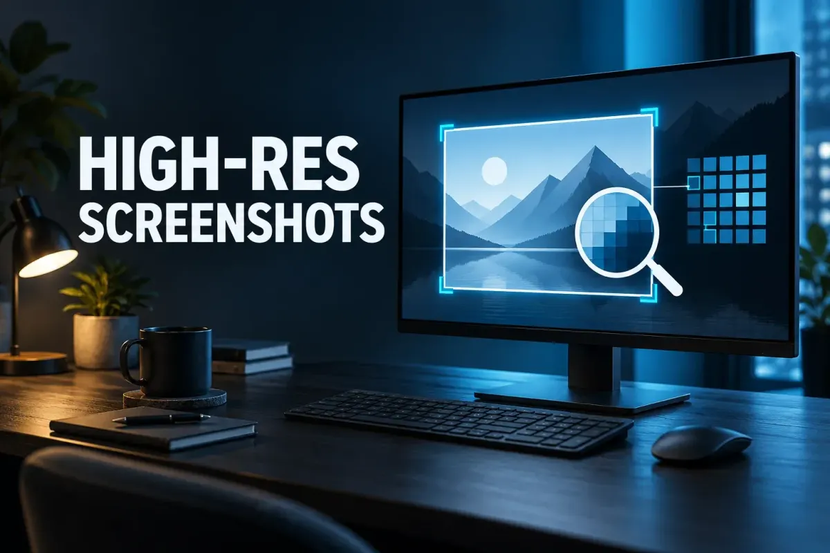 High-resolution screenshots: a monitor displays a cyan focus outline, image tile, and pixel-grid symbols on a navy desk.