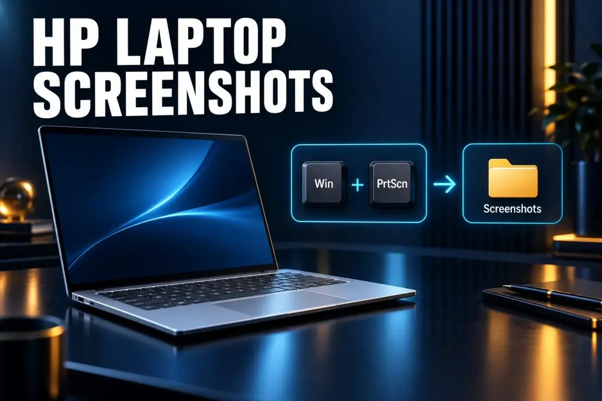 HP laptop screenshots cover with a silver laptop on a desk and a Win plus PrtScn keycap card pointing to a Screenshots folder
