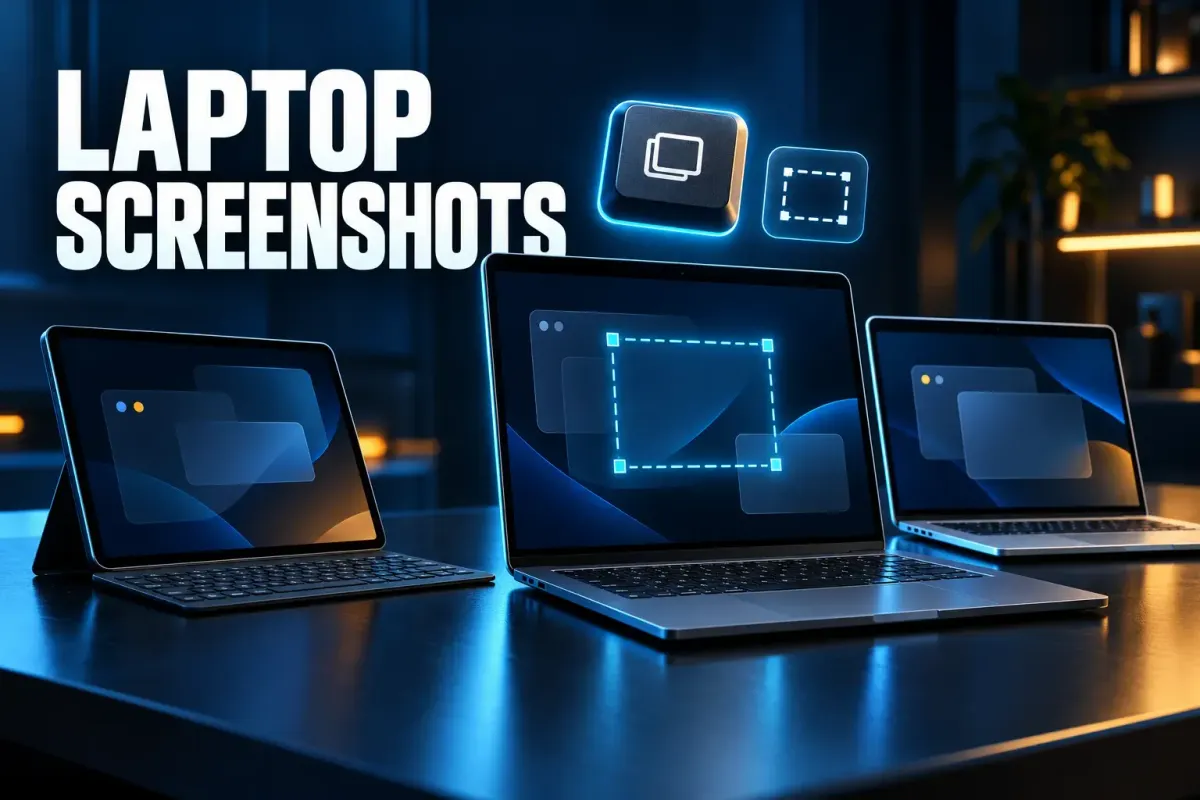 Laptop screenshots cover with a tablet and keyboard, an open laptop and a second laptop on a dark desk, a dashed selection box on the middle screen and a glowing capture key above it