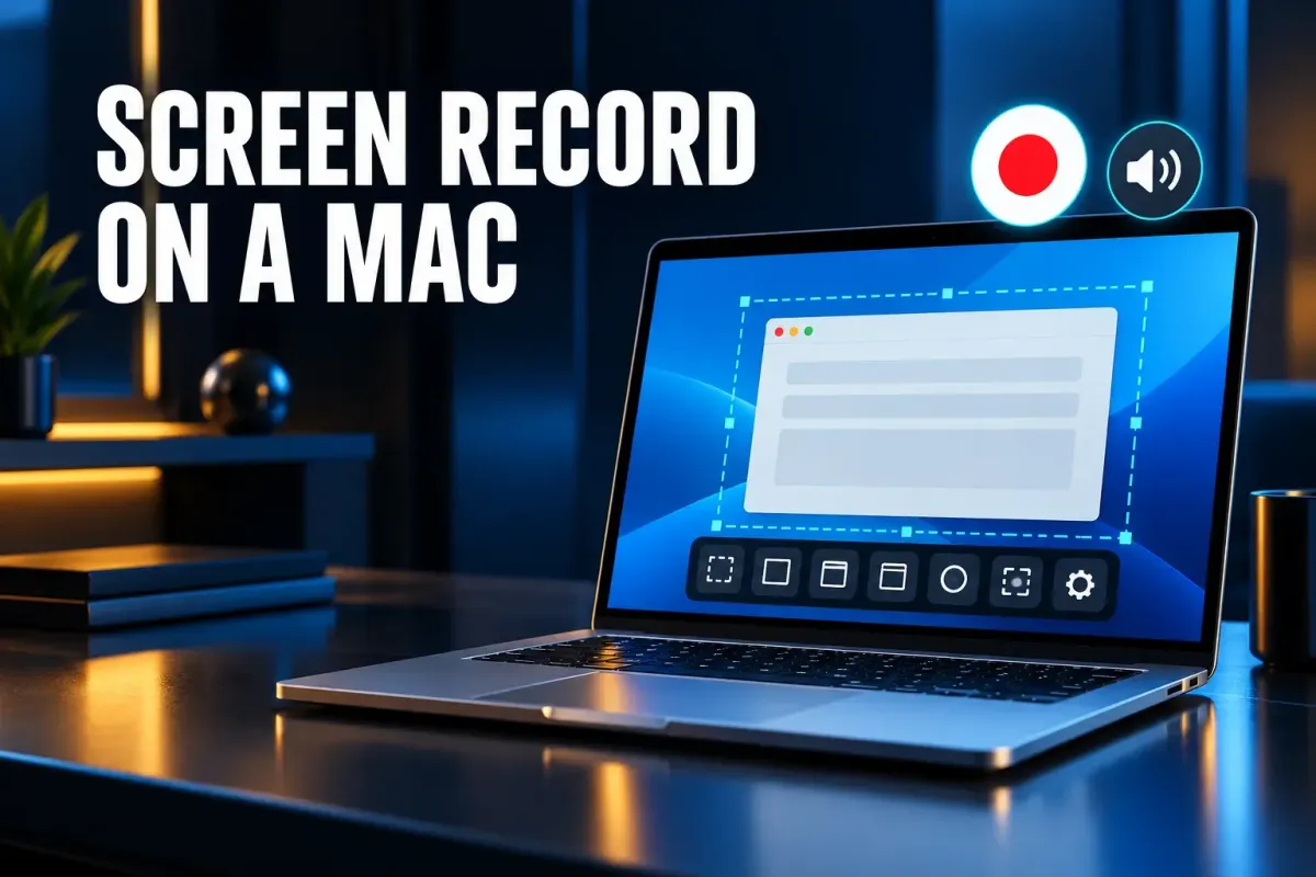 Laptop on a desk with a dashed selection frame on its screen, a red record badge and a speaker badge, under the headline Screen record on a Mac