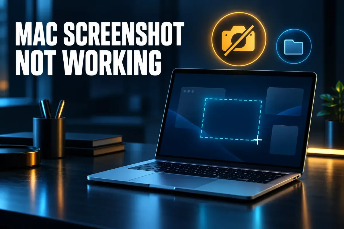 Mac screenshot not working cover with an open laptop on a dark desk showing a dashed selection box, and a slashed camera badge and a folder badge above it