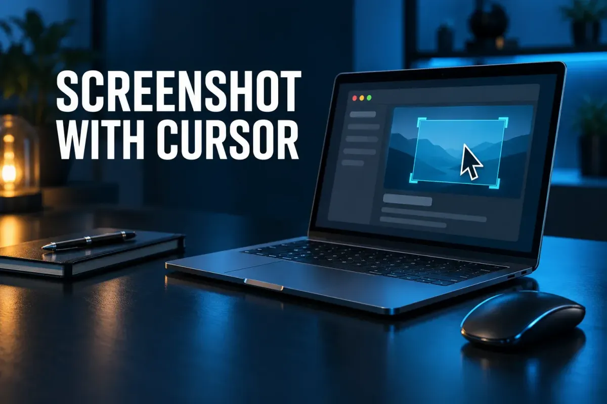 Screenshot with cursor: a laptop shows a visible mouse pointer over a cyan target beside a computer mouse on a navy desk.
