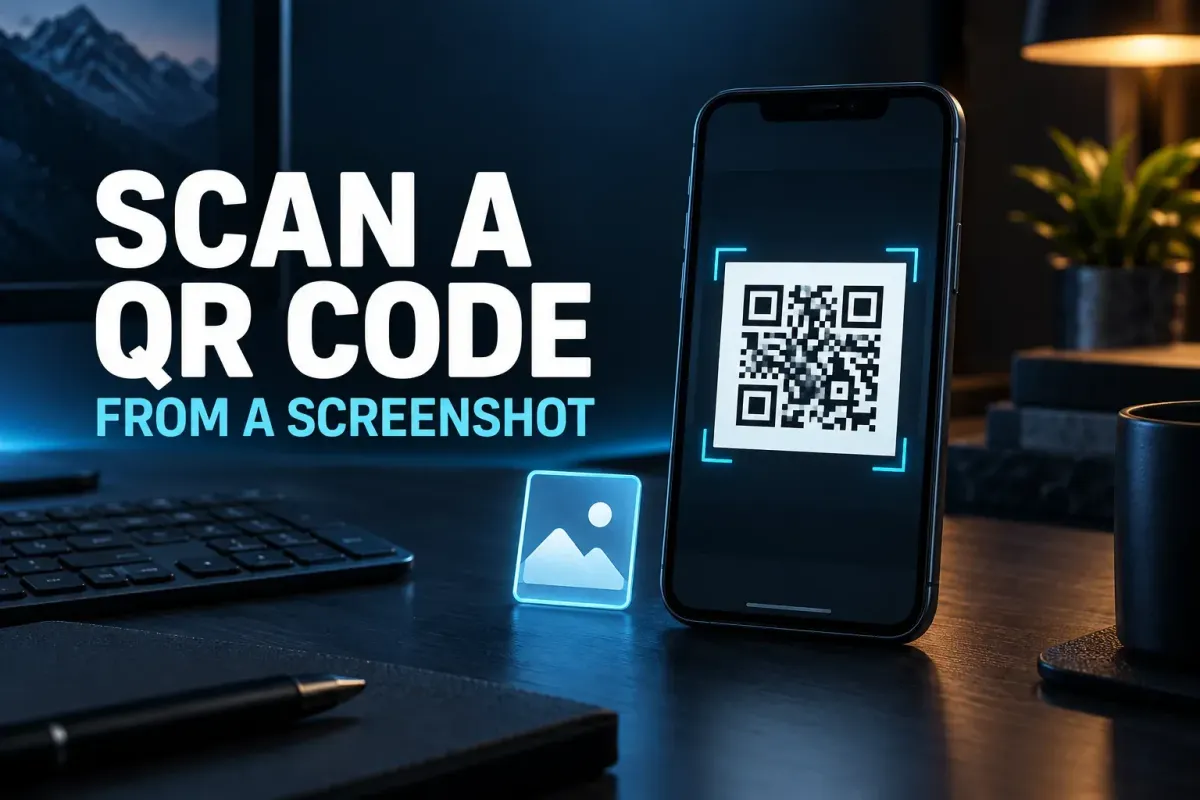 Scan a QR code from a screenshot: a phone displays a QR pattern beside a cyan image-file symbol on a navy desk.