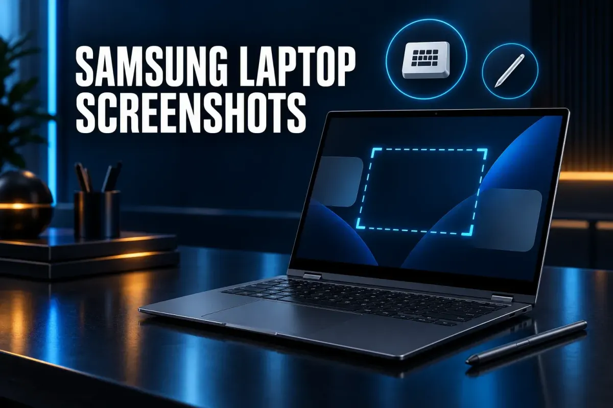Samsung laptop screenshots cover with an open 2-in-1 laptop and a stylus on a dark desk, a dashed selection box on the screen, and a keyboard key badge and a pen badge above
