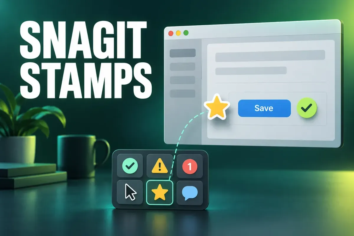 Snagit Stamps headline beside an app window: a star stamp moves from a tray of six stamps to the left of a Save button, with a green check stamp on its right