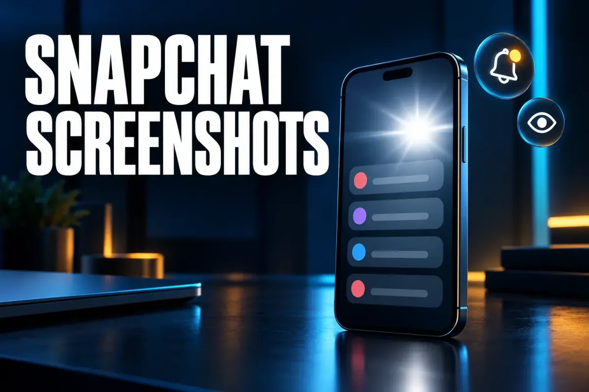 Snapchat screenshots cover with an upright phone on a dark desk showing a chat list with red, purple and blue dots under a camera flash, with a bell badge and an eye badge beside it