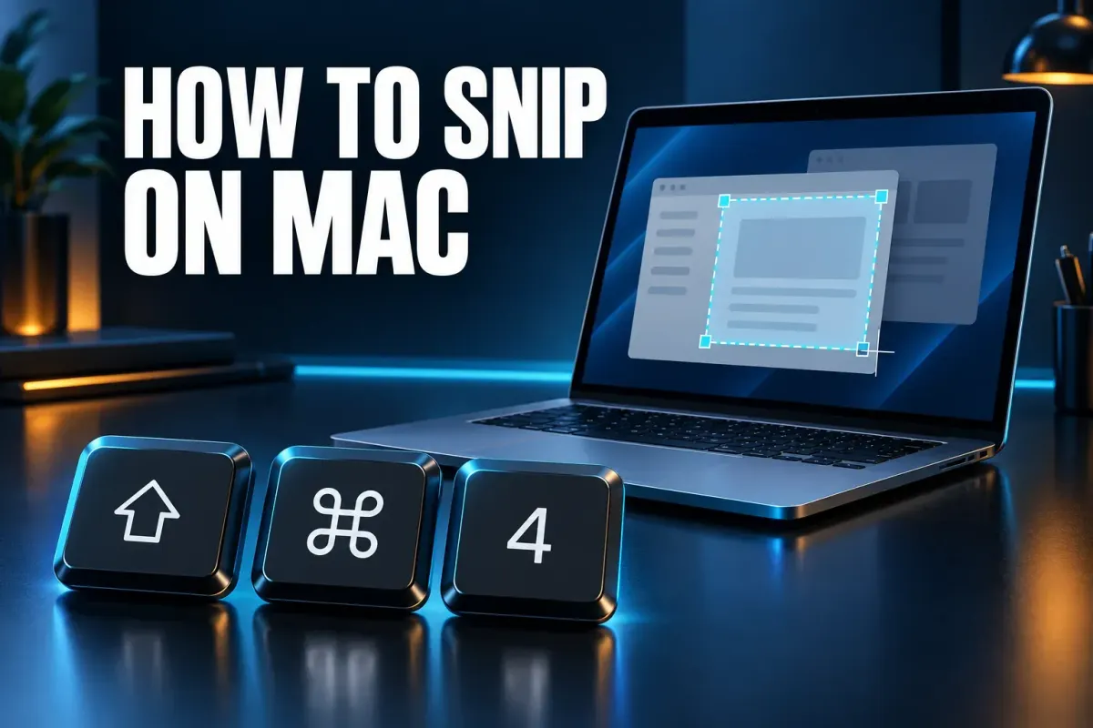 How to snip on Mac cover with a laptop showing a dashed selection box over a window, and floating Shift, Command and 4 keycaps on a desk