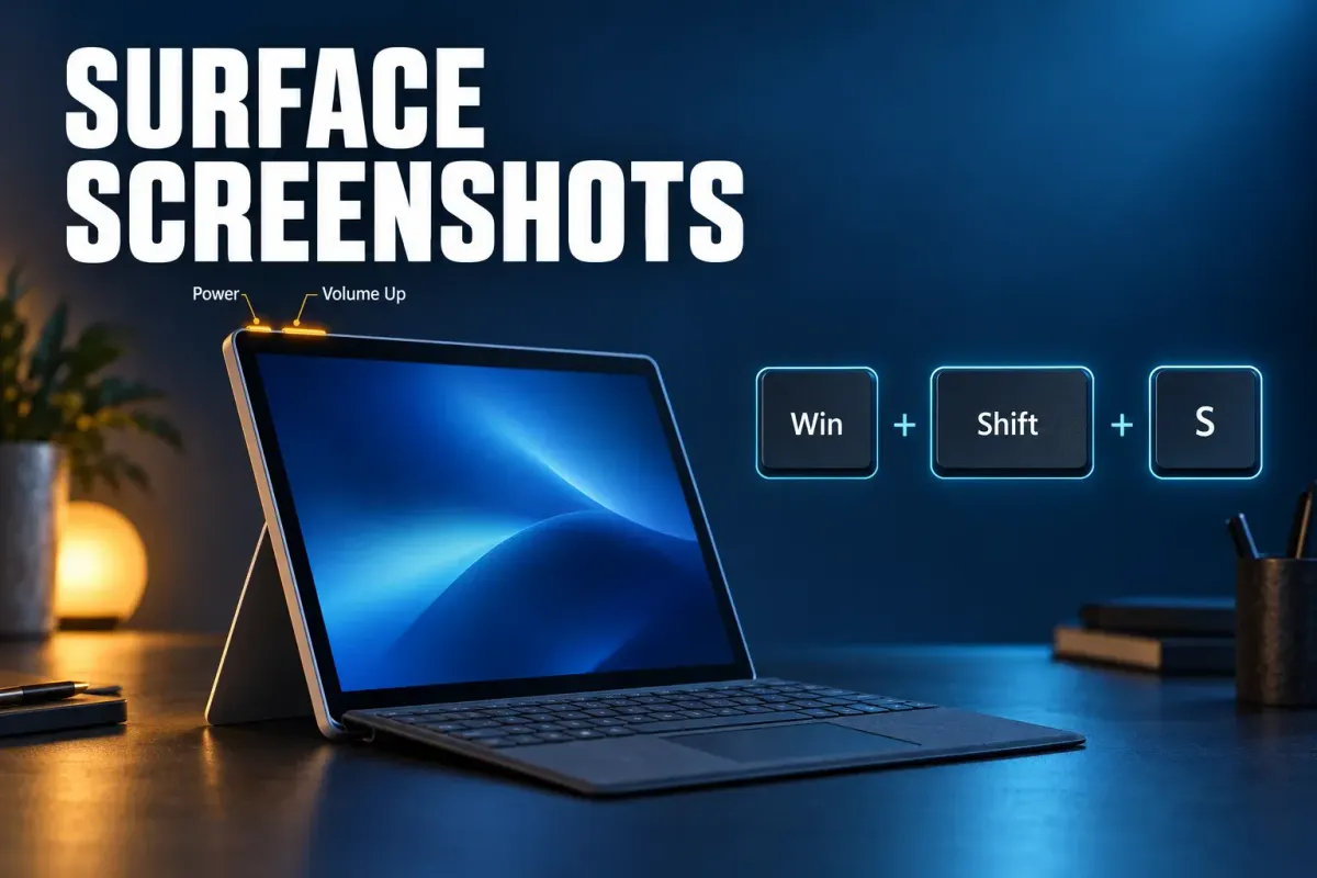 Surface screenshots cover: a silver 2-in-1 tablet on its kickstand with a keyboard cover, Power and Volume Up buttons glowing on its top edge, and Win, Shift and S keycaps