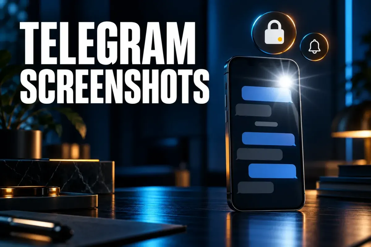 Telegram screenshots cover with an upright phone on a dark desk showing a chat in blue and grey bubbles under a camera flash, with a padlock badge and a bell badge beside it
