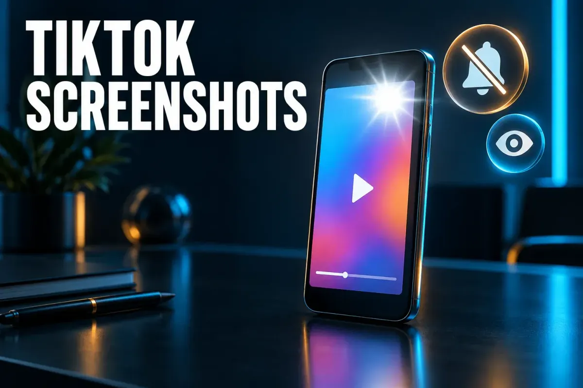 TikTok screenshots cover with an upright phone on a dark desk showing a video feed under a camera flash, with a muted bell badge and an eye badge beside it