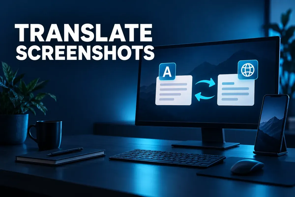 Translate screenshots: a monitor displays paired text cards linked by cyan language arrows beside a phone on a navy desk.