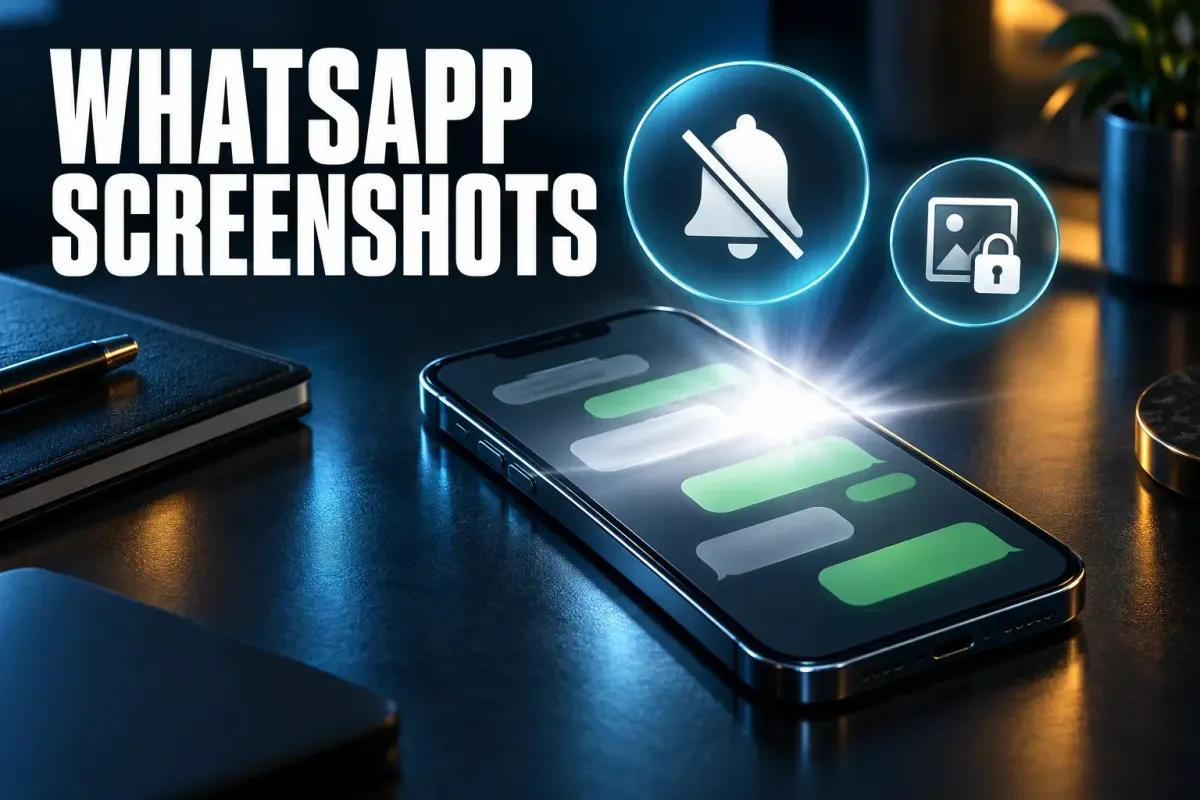 WhatsApp screenshots cover with a phone on a desk showing a chat thread under a camera flash, with a muted bell badge and a locked photo badge above it