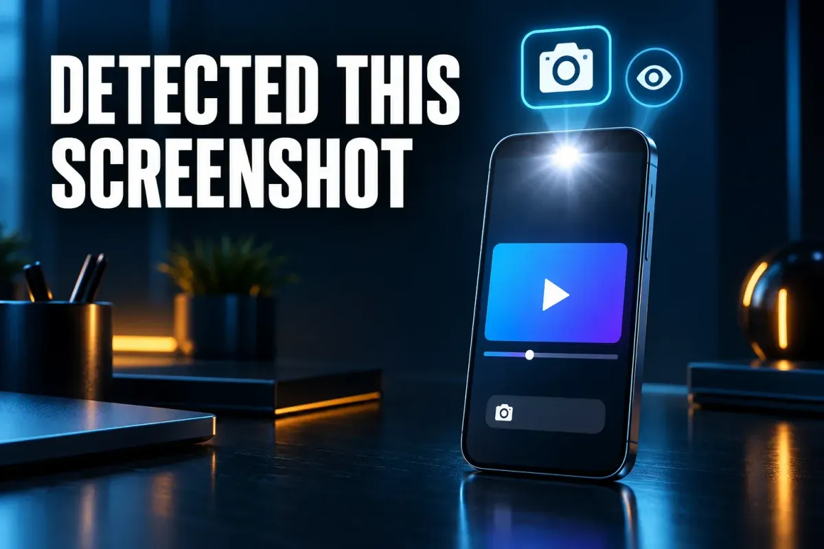 YouTube detected this screenshot cover with an upright phone on a dark desk showing a video player and a small notice bar under a camera flash, with a camera badge and an eye badge above