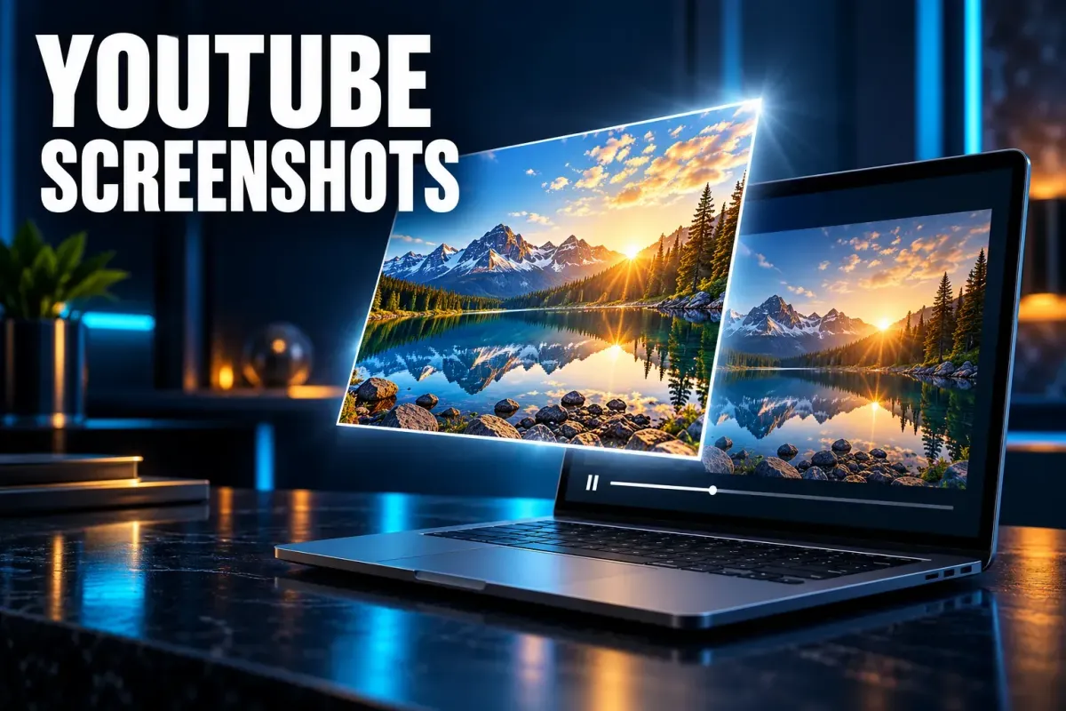 YouTube screenshots cover with a laptop on a dark desk paused on a mountain lake at sunrise, and a clean copy of the same frame lifting off the screen without the play bar