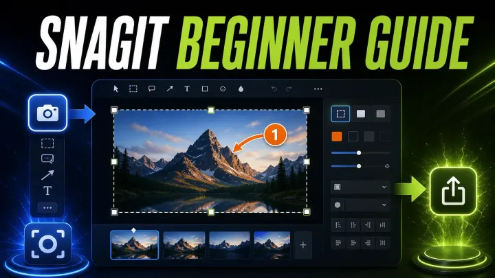 Snagit beginner guide cover with an annotated editor and capture-to-share workflow