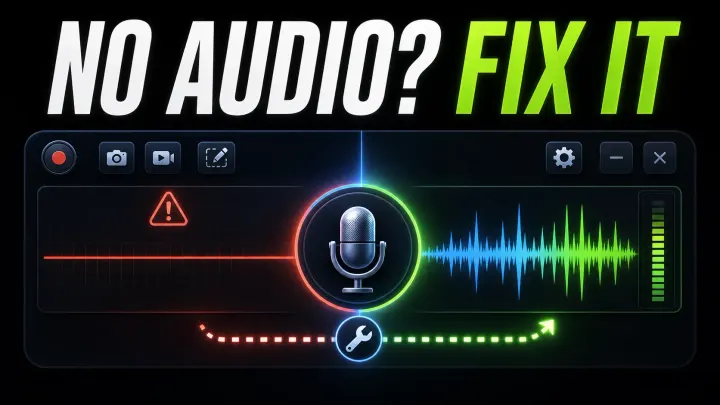 Snagit audio troubleshooting cover with muted and restored recording waveforms