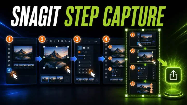 Snagit Step Capture cover assembling four numbered screenshots into a guide