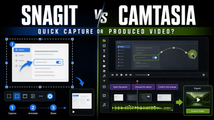 Snagit quick capture workflow compared with Camtasia multitrack video production