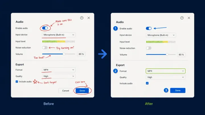 Cluttered screenshot annotations simplified into one precise arrow, outline, and numbered sequence