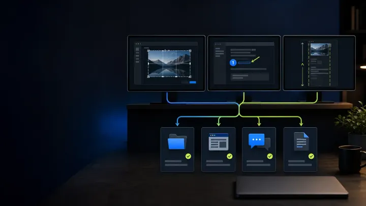 Screenshot workflows branching from capture and annotation to local files, help articles, team messages, and documentation