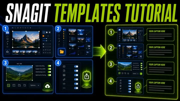 Snagit template editor assembling four screenshots into a numbered visual guide