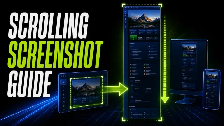 Scrolling screenshot workflow for a full webpage across desktop browser, application, and mobile