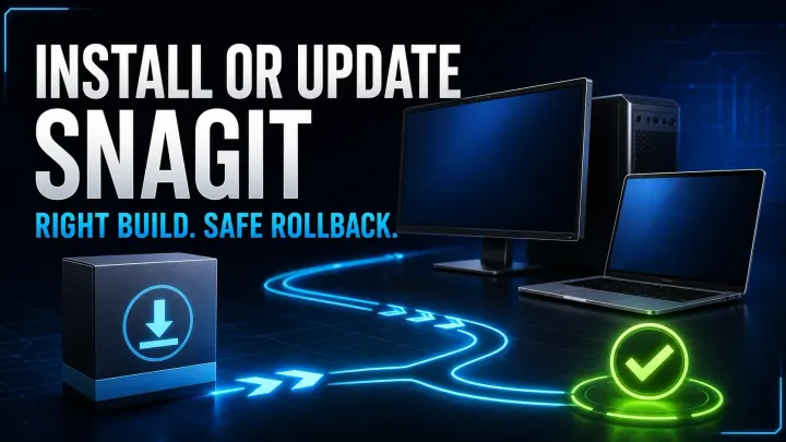 Install or update Snagit with the correct build and a protected rollback path