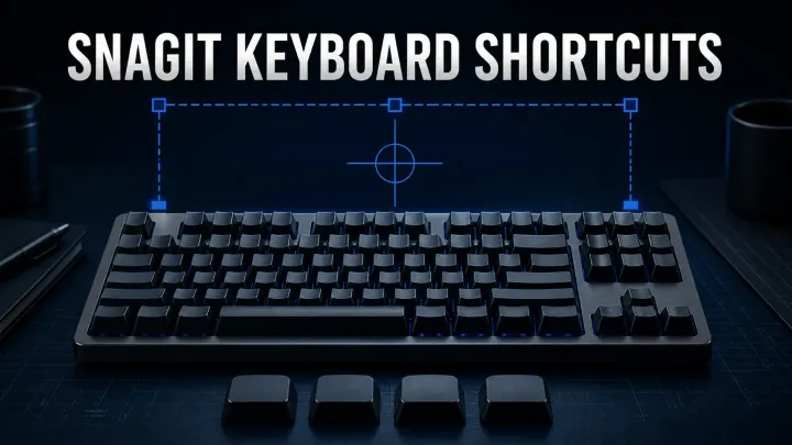 Snagit keyboard shortcuts guide with a keyboard and screen capture selection frame