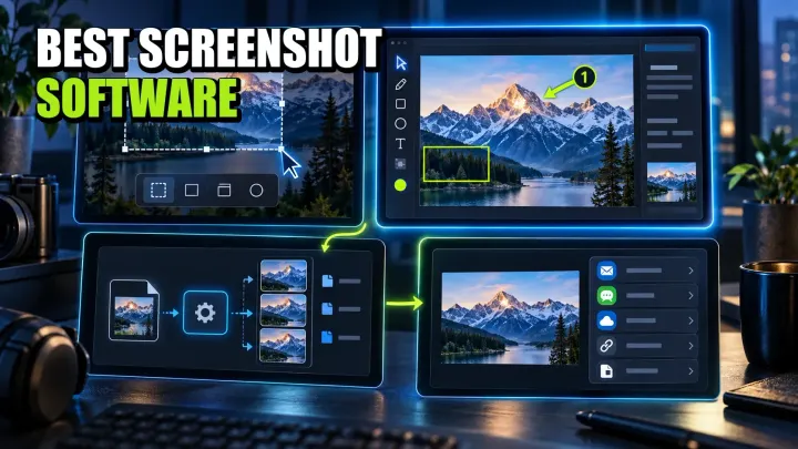 Screenshot software workflow showing region capture, annotations, automation, and sharing