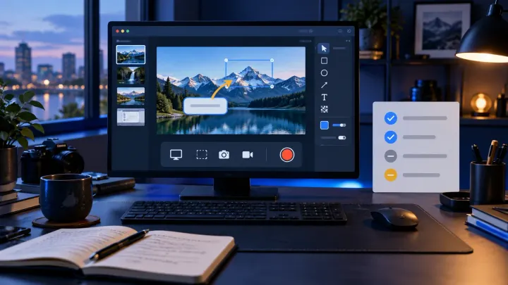 Snagit screenshot editor with a review checklist for capture, editing, and sharing