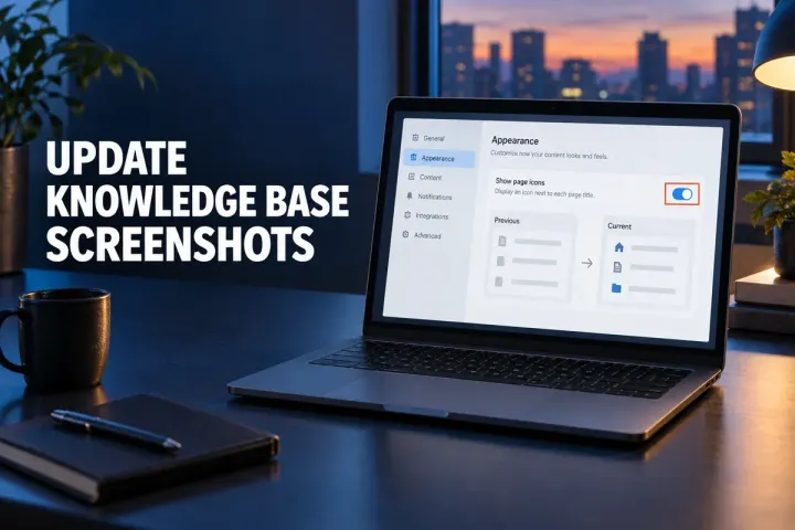 Laptop showing a knowledge-base screenshot being reviewed after an interface change