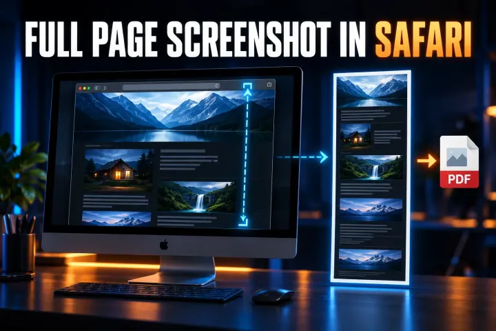 Full-page Safari webpage capture shown beside a Mac browser window