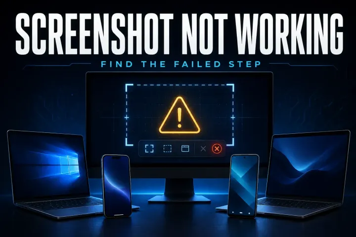 Screenshot not working across Windows, Mac, iPhone, and Android with a failed-step diagnostic