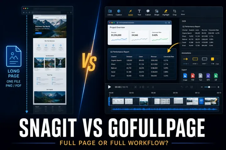 GoFullPage browser page capture compared with Snagit multi-source capture and editing
