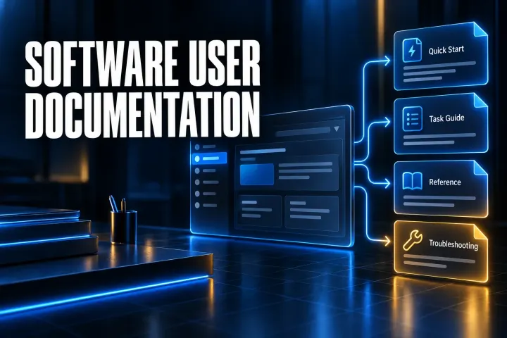 Software user documentation system connecting a product interface to quick starts, task guides, reference pages, troubleshooting and verified results