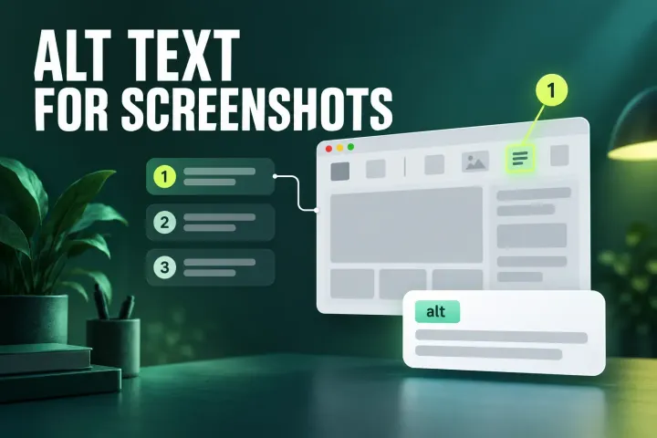 Alt Text for Screenshots headline beside an app window with callout 1 on a toolbar button, three numbered step lines and an alt text card