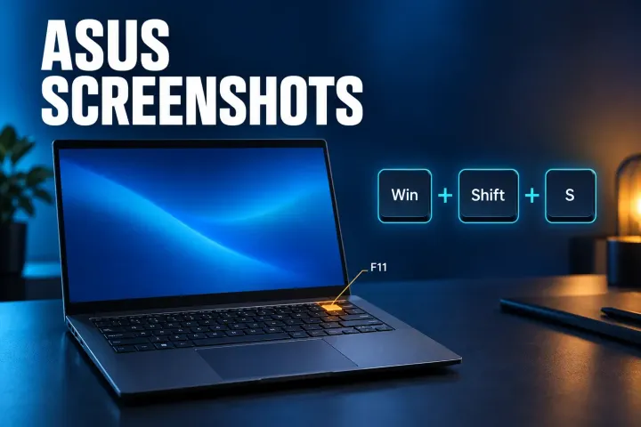 ASUS screenshots cover: a dark slate laptop on a desk with one top-row key labeled F11 glowing amber, and Win, Shift and S keycaps joined by plus signs