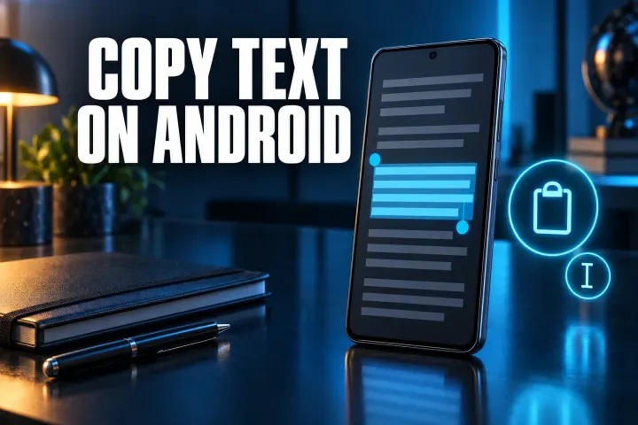 Copy text on Android with a phone showing selected text, a clipboard symbol, and cyan lighting on a navy desk.