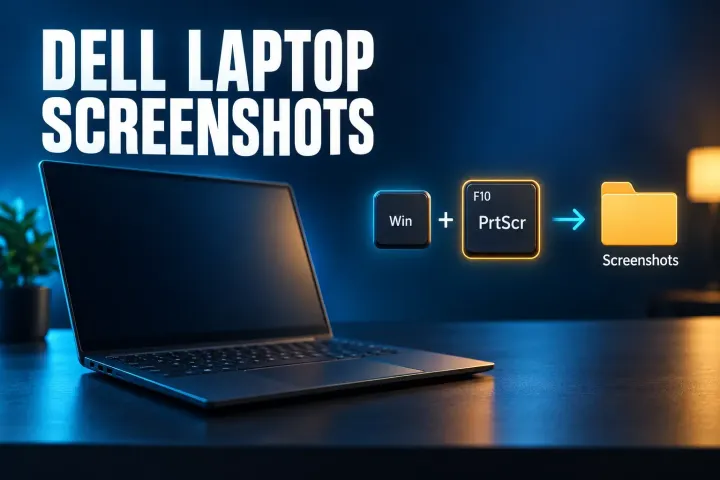 Dell laptop screenshots cover with a dark laptop on a desk beside a Win keycap plus a PrtScr keycap that also shows F10, with an arrow to a Screenshots folder