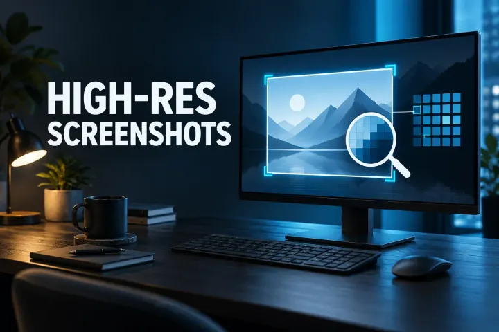 High-resolution screenshots: a monitor displays a cyan focus outline, image tile, and pixel-grid symbols on a navy desk.