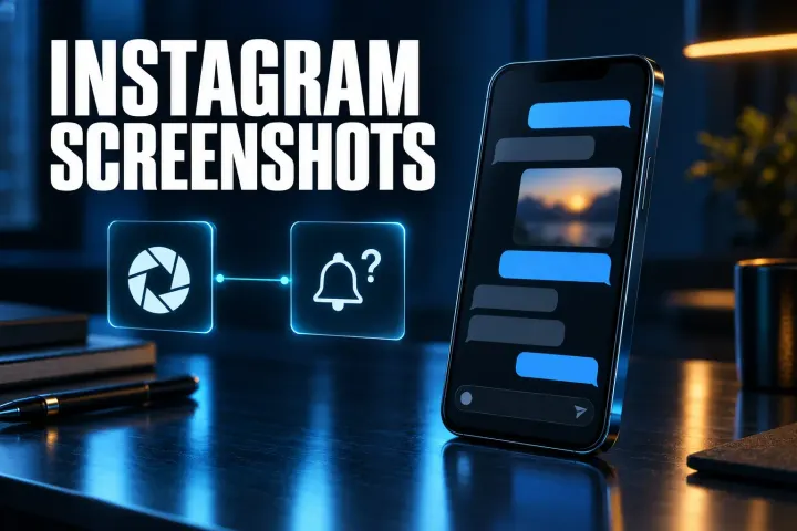 Instagram screenshots cover with a smartphone showing a chat thread on a desk, next to a camera shutter card linked to a notification bell with a question mark