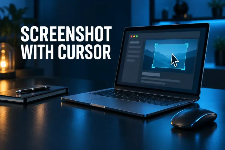Screenshot with cursor: a laptop shows a visible mouse pointer over a cyan target beside a computer mouse on a navy desk.