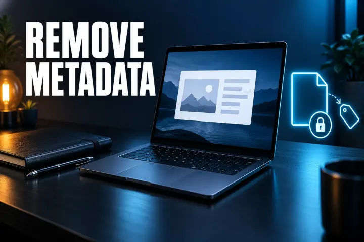 Remove metadata from a screenshot: a laptop shows an image file beside cyan tag and padlock symbols on a navy desk.