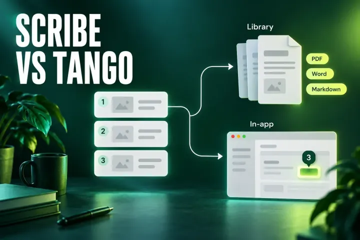 Scribe vs Tango headline beside three numbered step cards that split into a document stack labeled Library with PDF, Word and Markdown tags and a browser window labeled In-app