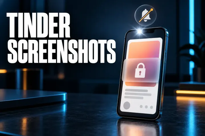 Tinder screenshots cover with an upright phone on a dark desk showing a blank profile card under a frosted padlock panel and a camera flash, with a muted bell badge above it
