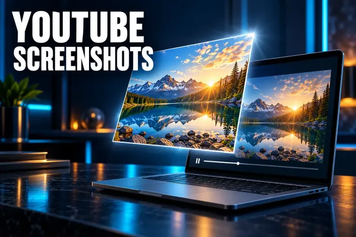 YouTube screenshots cover with a laptop on a dark desk paused on a mountain lake at sunrise, and a clean copy of the same frame lifting off the screen without the play bar