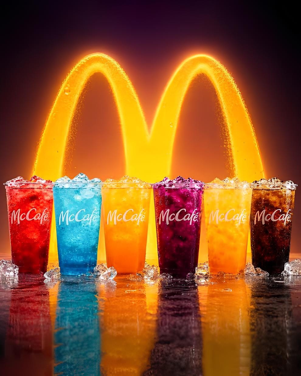 Шесть новых напитков McDonald's: лимонад с клубникой и арбузом, спрайт с сиропом голубой малины, лимонад с манго и ананасом, лимонад с ежевикой и маракуйей, апельсиновый с ванилью и Dr Pepper с ванилью