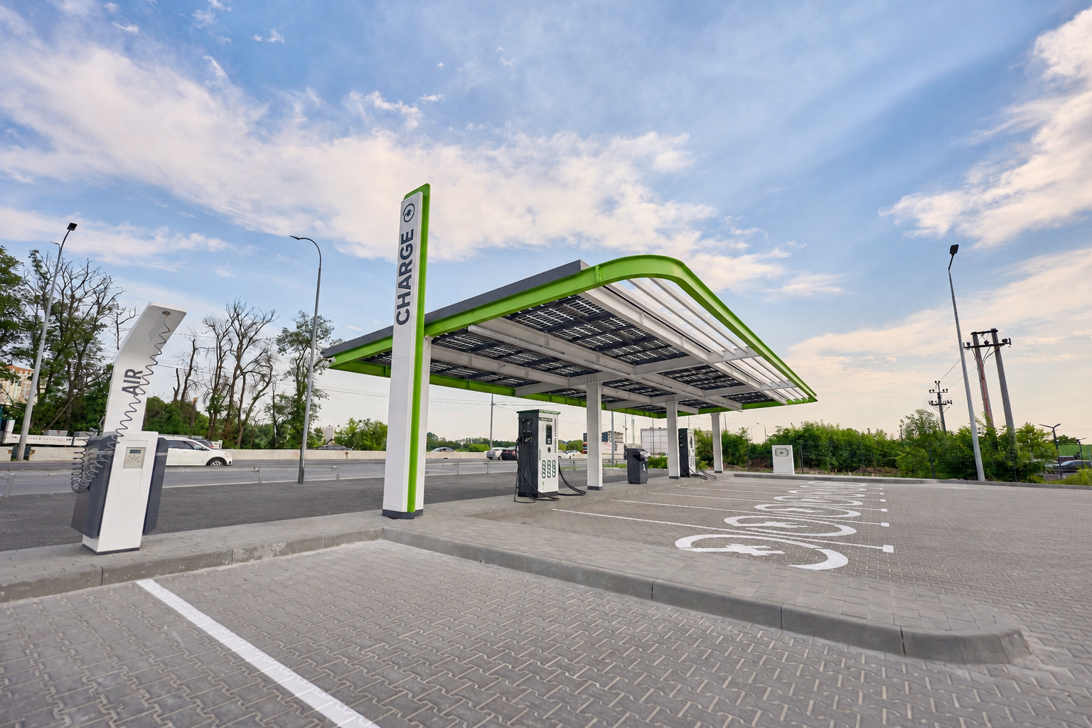 Зона зарядки Ultra Fast Chargers мощностью 160 кВт для электромобилей под отдельным навесом с солнечными панелями