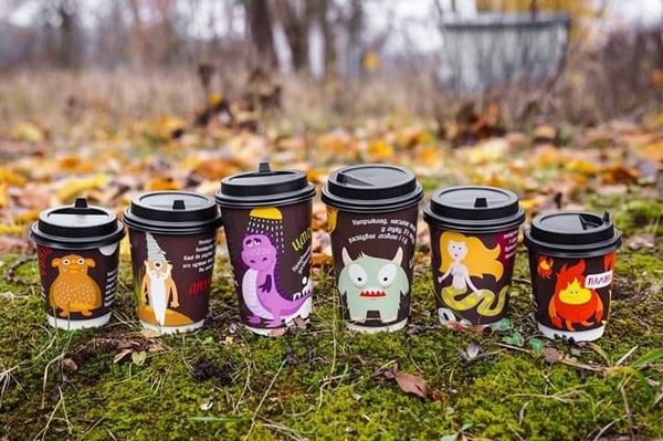 Мифические персонажи на чашках кофе сети АЗС А-100